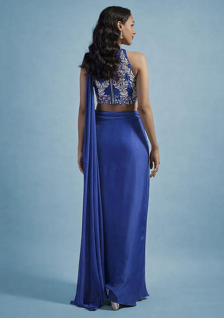 Navy Blue Hand Work Embellished Satin Pre Draped Saree Set - Indya
