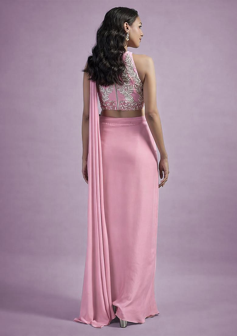 Soft Pink Hand Work Embellished Satin Pre Draped Saree Set - Indya