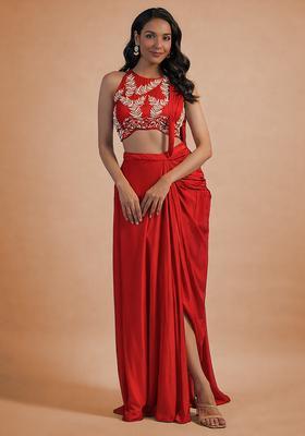 Deep Red Hand Work Embellished Satin Pre Draped Saree Set