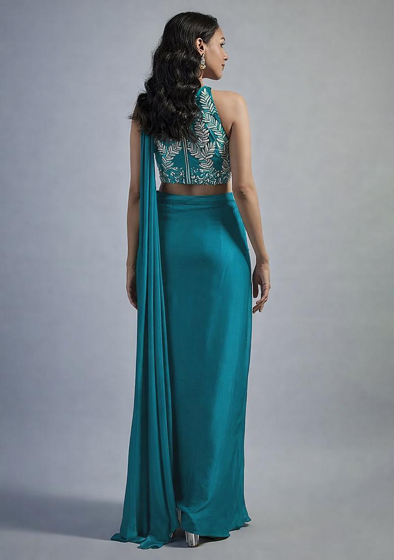 Deep Blue Hand Work Embellished Satin Pre Draped Saree Set - Indya