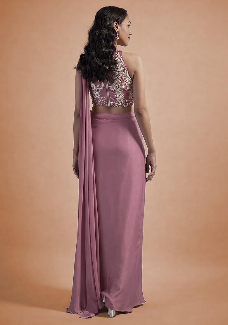 Mauve Hand Work Embellished Satin Pre Draped Saree Set - Indya