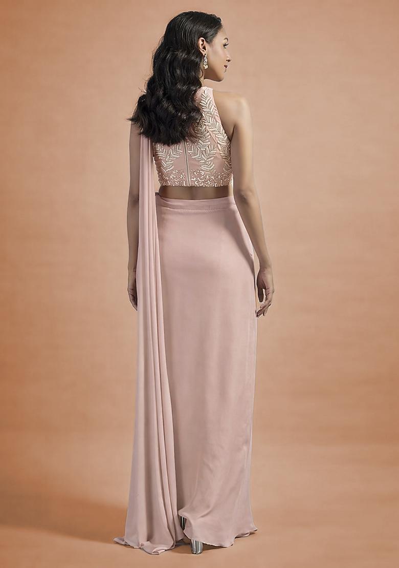 Blush Pink Hand Work Embellished Satin Pre Draped Saree Set - Indya