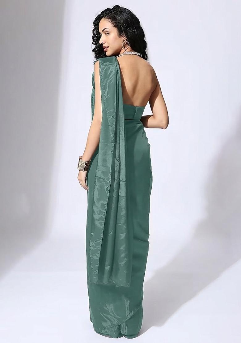 Light Green Hand Work Embellished Silk Blend Pre Draped Saree Set - Indya