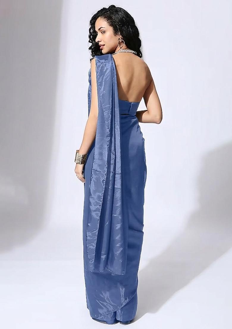 Deep Blue Hand Work Embellished Silk Blend Pre Draped Saree Set - Indya
