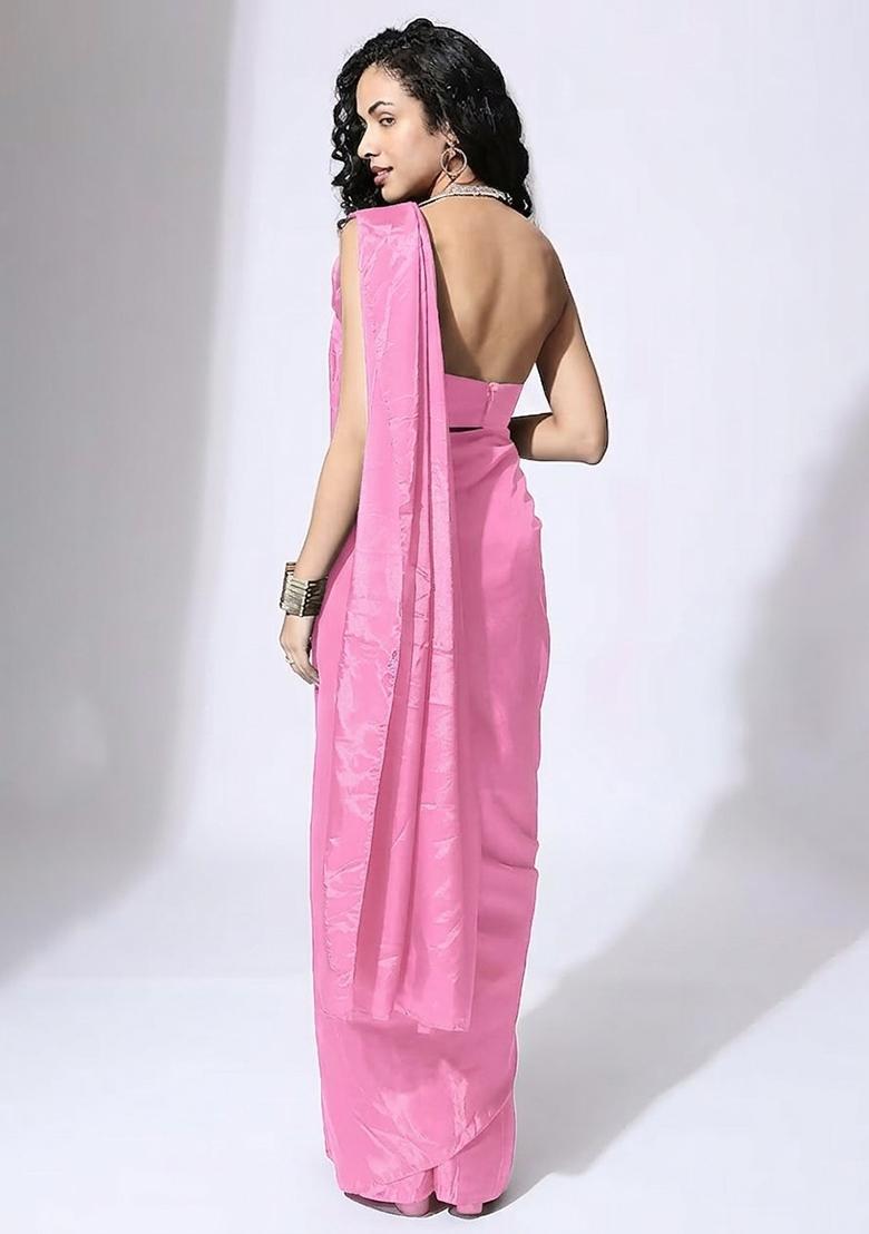 Baby Pink Hand Work Embellished Silk Blend Pre Draped Saree Set - Indya