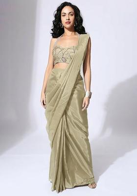Green Hand Work Embellished Silk Blend Pre Draped Saree Set
