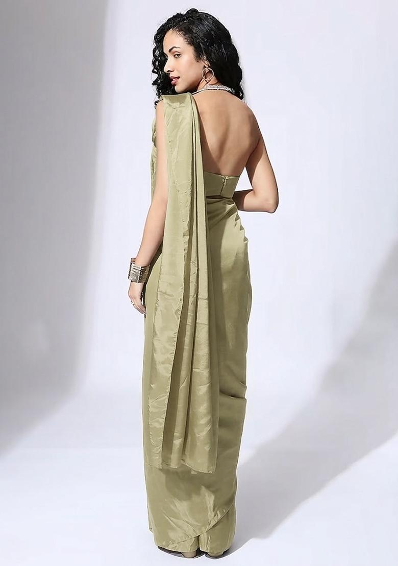 Green Hand Work Embellished Silk Blend Pre Draped Saree Set - Indya