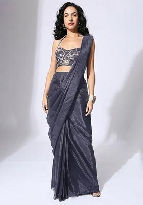 Grey Blue Hand Work Embellished Silk Blend Pre Draped Saree Set