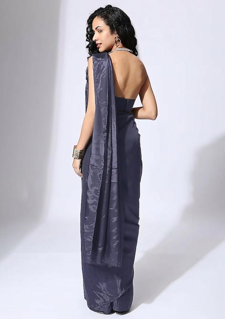 Grey Blue Hand Work Embellished Silk Blend Pre Draped Saree Set - Indya
