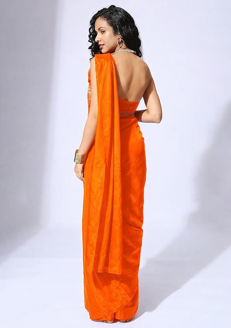 Soft Orange Hand Work Embellished Silk Blend Pre Draped Saree Set - Indya
