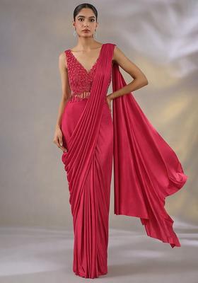 Deep Red Hand Work Embellished Satin Pre Draped Saree Set