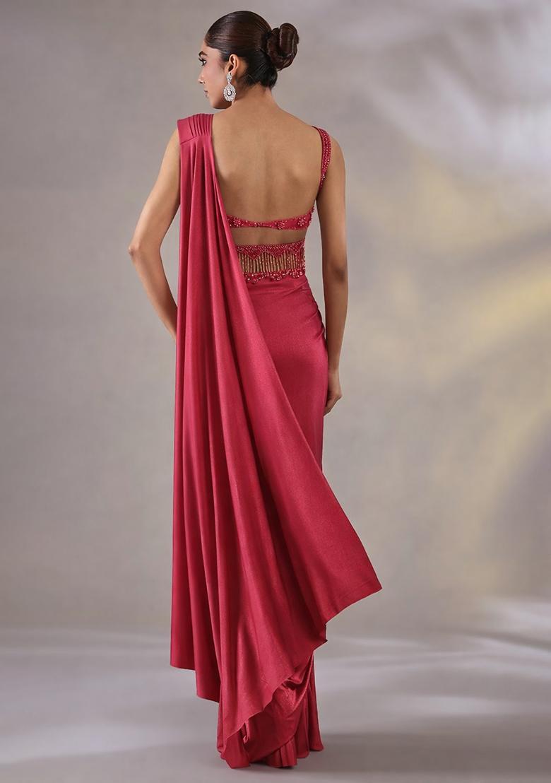 Deep Red Hand Work Embellished Satin Pre Draped Saree Set - Indya