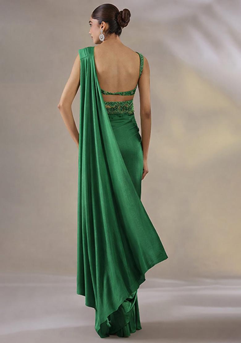 Light Green Hand Work Embellished Satin Pre Draped Saree Set - Indya