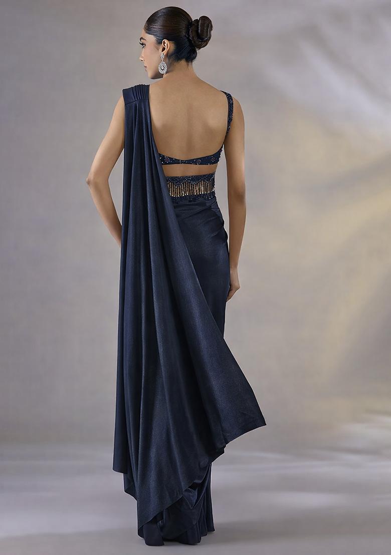 Charcoal Grey Hand Work Embellished Satin Pre Draped Saree Set - Indya
