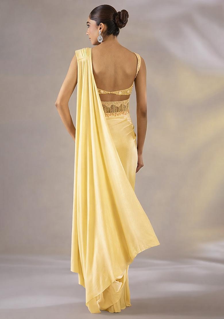 Light Yellow Hand Work Embellished Satin Pre Draped Saree Set - Indya