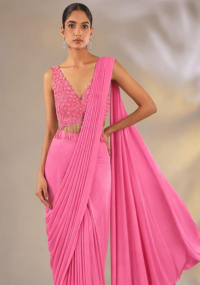 Soft Pink Hand Work Embellished Satin Pre Draped Saree Set - Indya