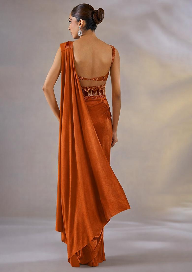Brown Hand Work Embellished Satin Pre Draped Saree Set - Indya