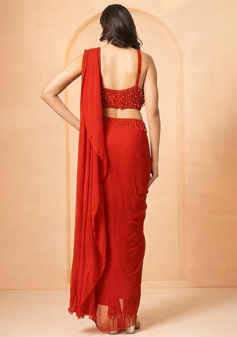 Deep Red Hand Work Embellished Georgette Pre Draped Saree Set - Indya