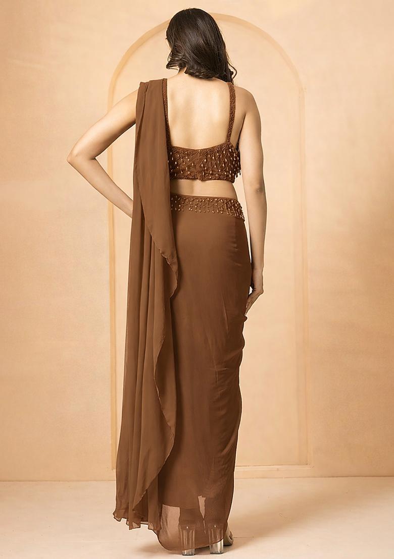 Brown Hand Work Embellished Georgette Pre Draped Saree Set - Indya