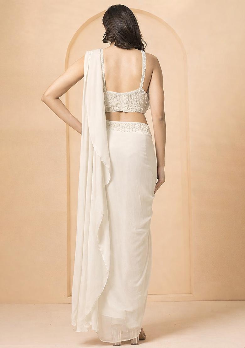 White Hand Work Embellished Georgette Pre Draped Saree Set - Indya
