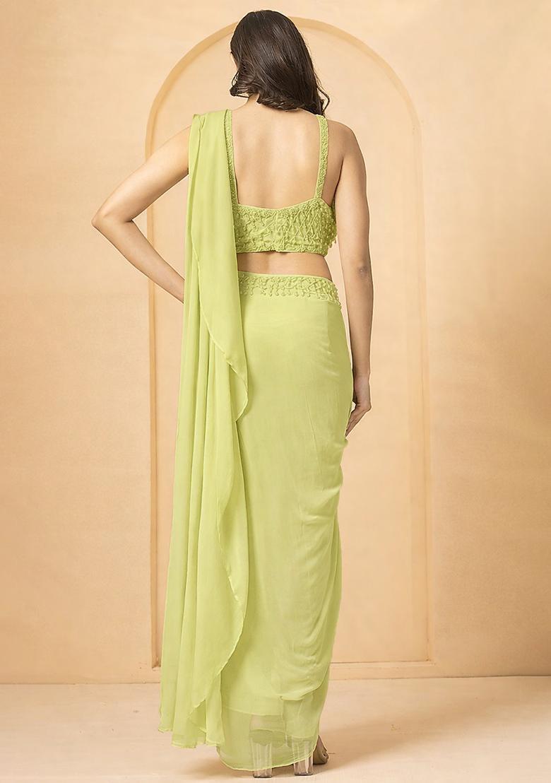 White Hand Work Embellished Georgette Pre Draped Saree Set - Indya