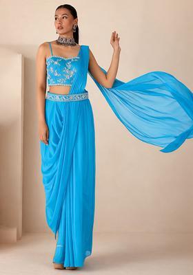 Deep Blue Hand Work Embellished Georgette Pre Draped Saree Set