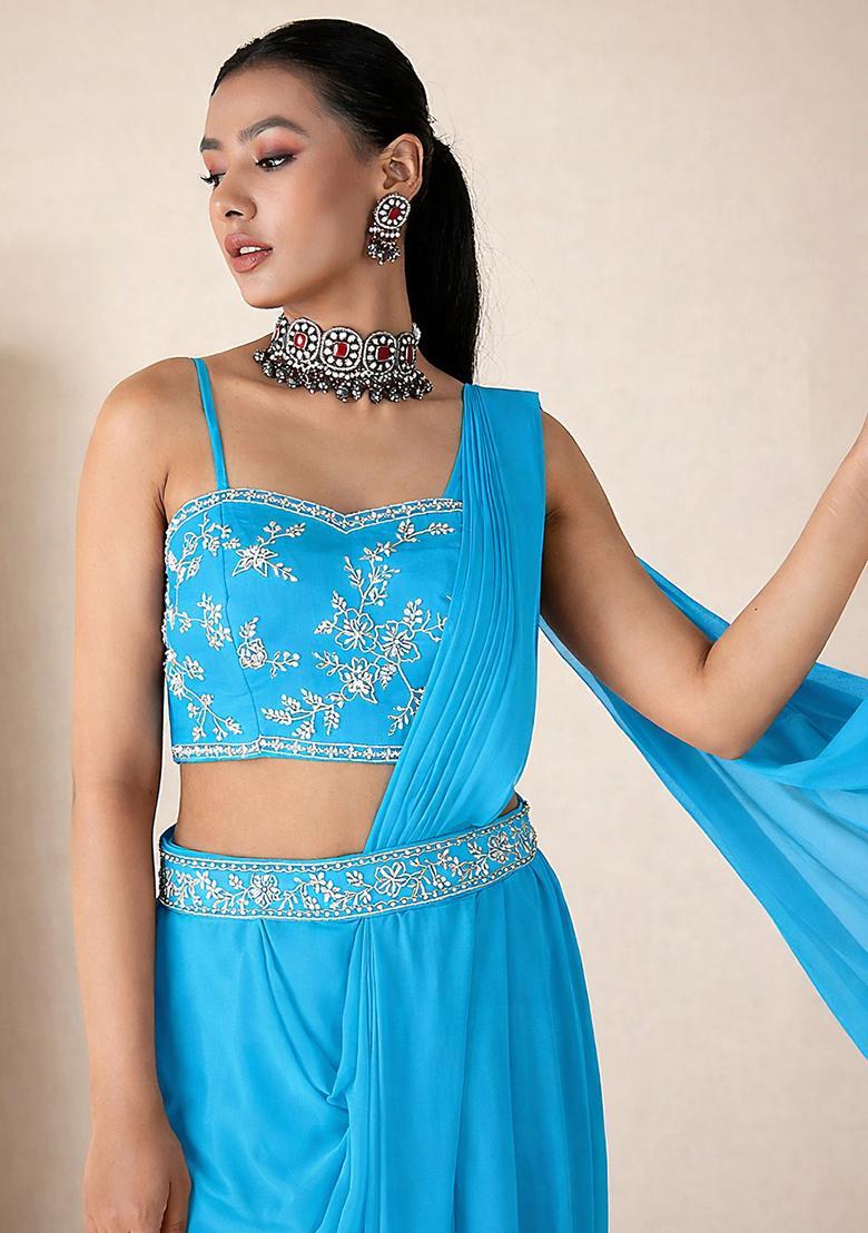 Deep Blue Hand Work Embellished Georgette Pre Draped Saree Set - Indya
