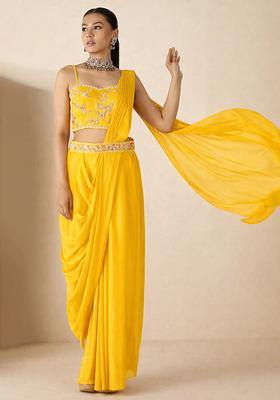Bright Yellow Hand Work Embellished Georgette Pre Draped Saree Set
