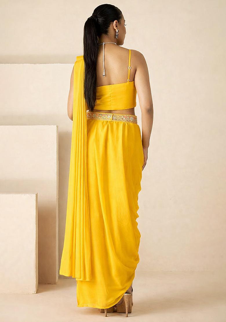Bright Yellow Hand Work Embellished Georgette Pre Draped Saree Set - Indya