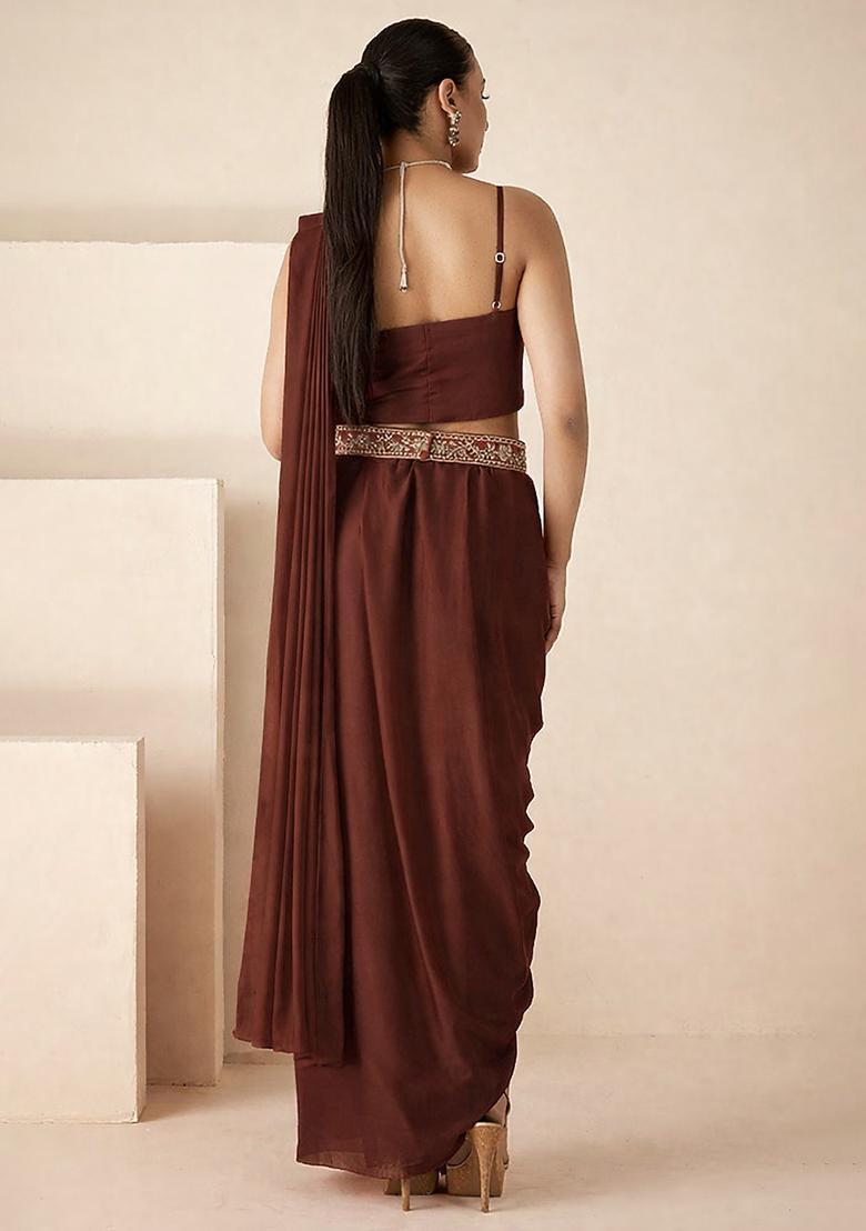 Chocolate Brown Hand Work Embellished Georgette Pre Draped Saree Set - Indya