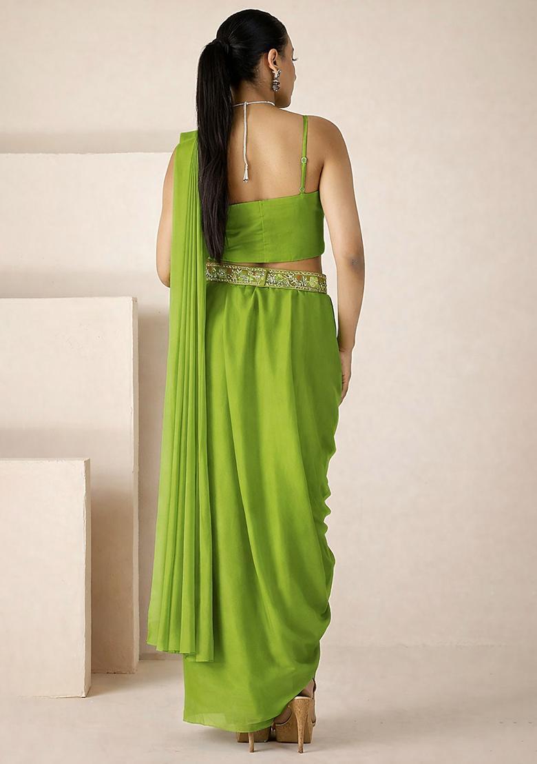 Lime Green Hand Work Embellished Georgette Pre Draped Saree Set - Indya