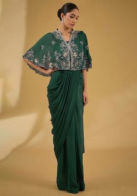 Light Green Hand Work Embellished Chinon Pre Draped Saree Set