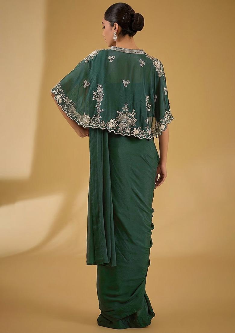 Light Green Hand Work Embellished Chinon Pre Draped Saree Set - Indya