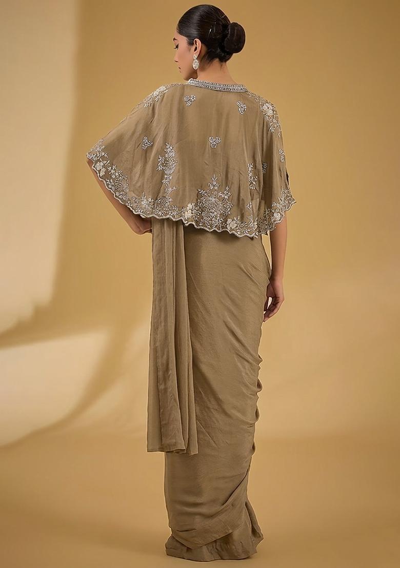 Beige Hand Work Embellished Chinon Pre Draped Saree Set - Indya