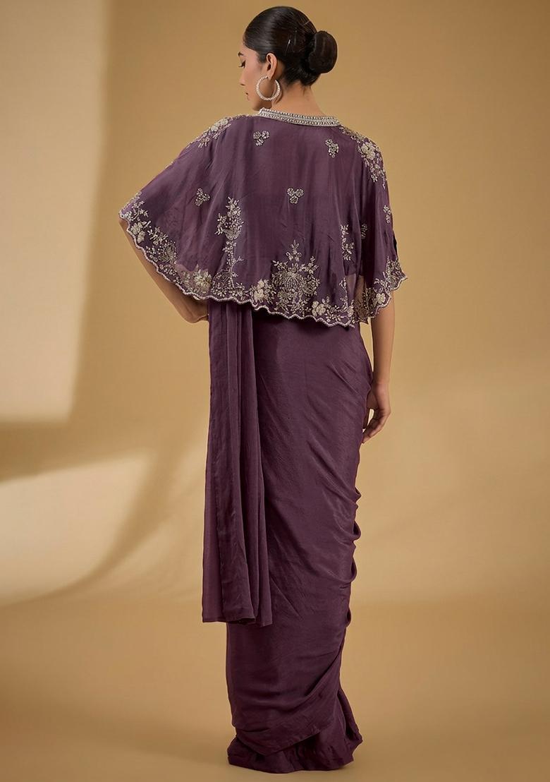 Violet Hand Work Embellished Chinon Pre Draped Saree Set - Indya