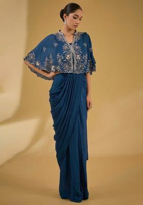Deep Blue Hand Work Embellished Chinon Pre Draped Saree Set