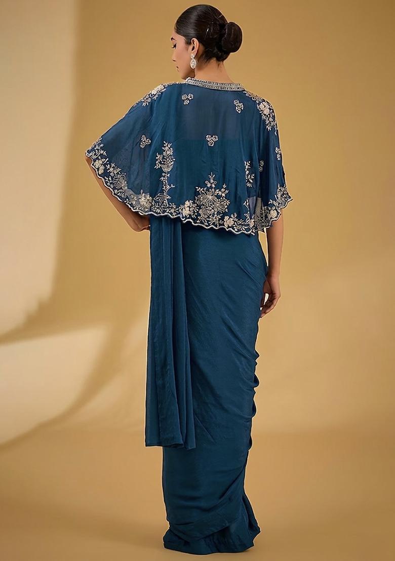 Deep Blue Hand Work Embellished Chinon Pre Draped Saree Set - Indya