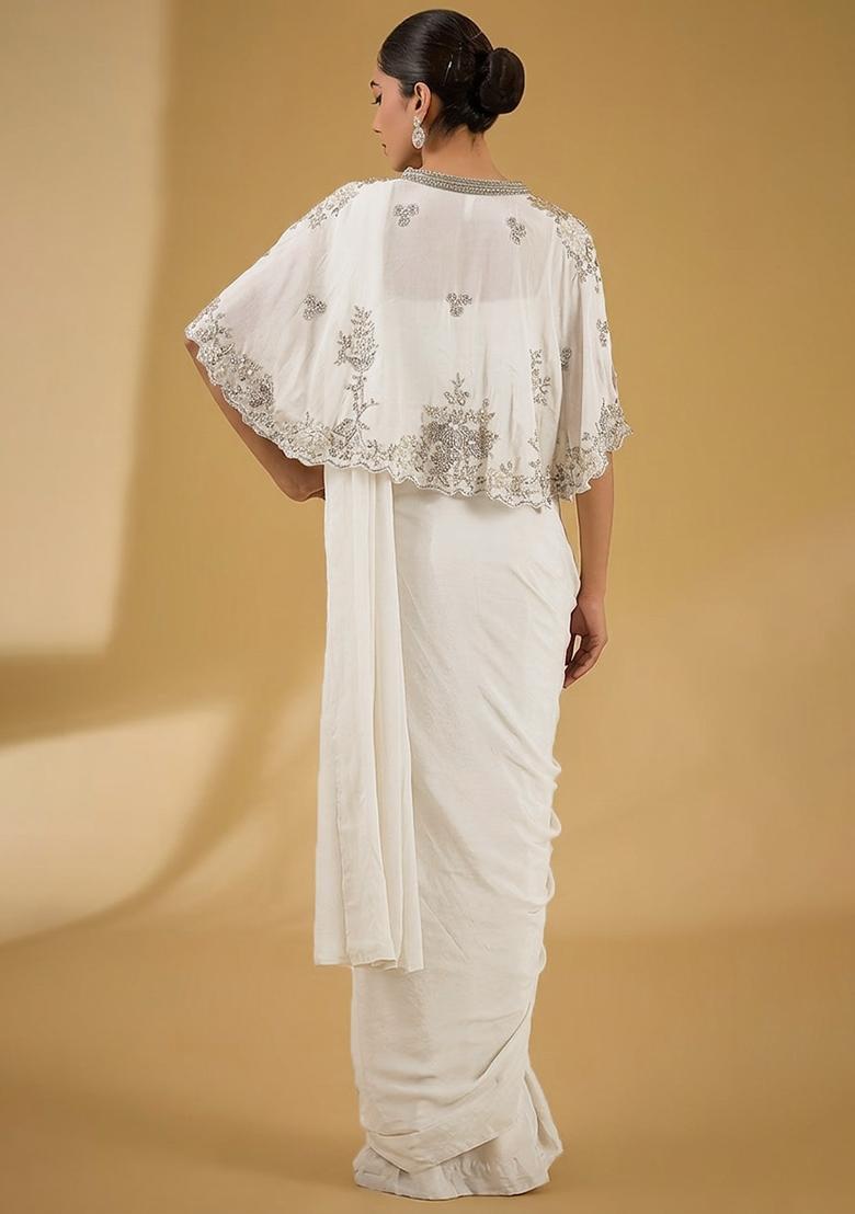 White Hand Work Embellished Chinon Pre Draped Saree Set - Indya