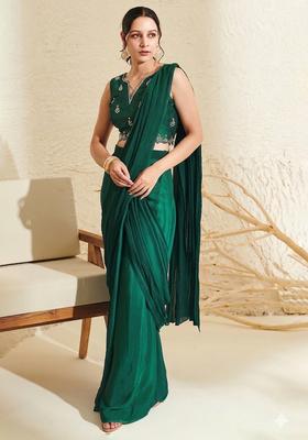 Light Green Hand Work Embroidered Chinon Pre Draped Saree Set