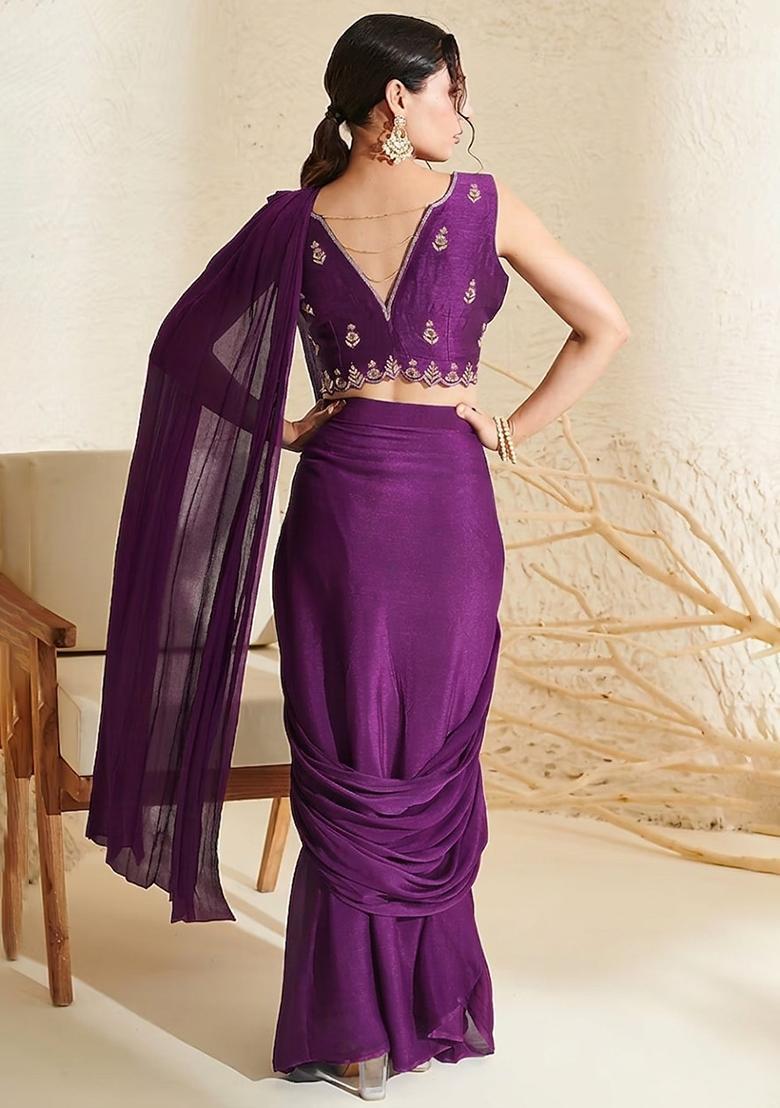 Berry Purple Hand Work Embroidered Chinon Pre Draped Saree Set - Indya