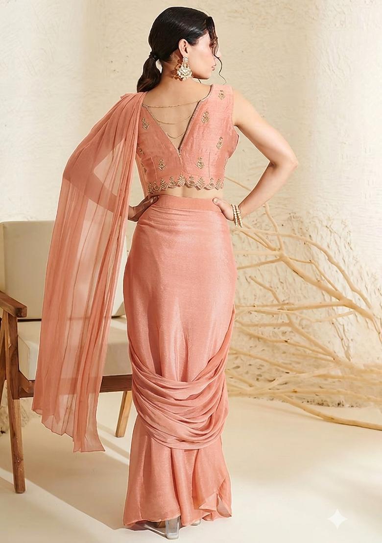 Peach Hand Work Embroidered Chinon Pre Draped Saree Set - Indya