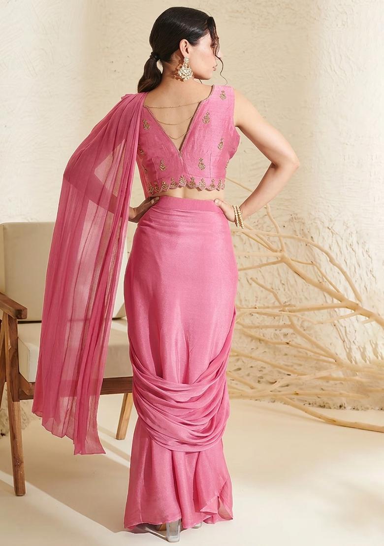 Soft Pink Hand Work Embroidered Chinon Pre Draped Saree Set - Indya