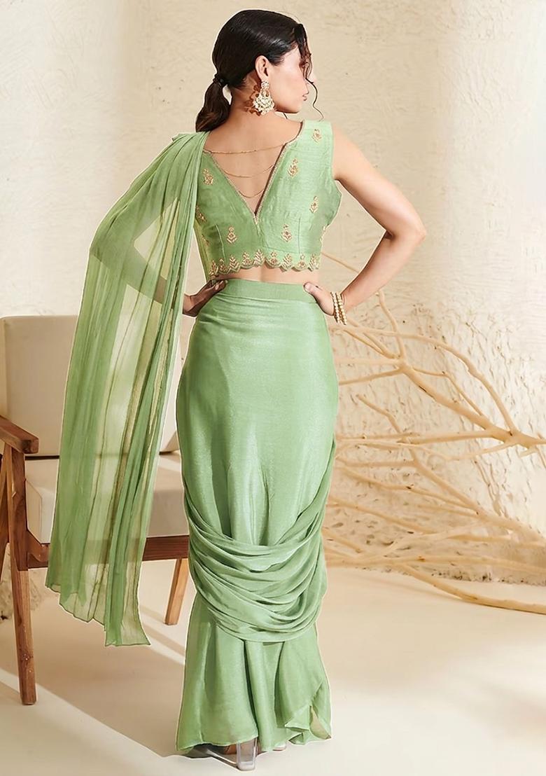 Light Green Hand Work Embroidered Chinon Pre Draped Saree Set - Indya