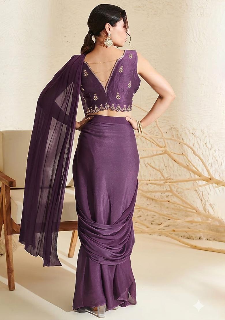 Plum Hand Work Embroidered Chinon Pre Draped Saree Set - Indya