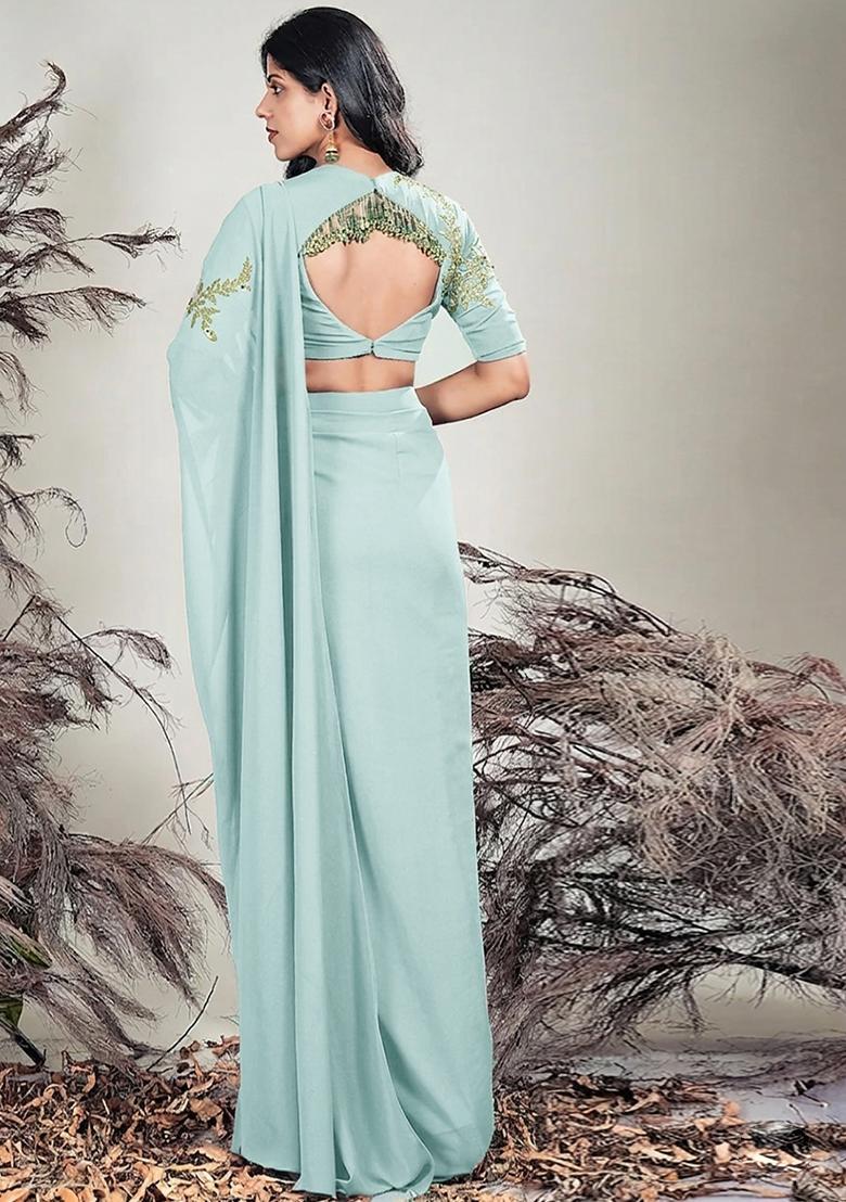 Off White Hand Work Embroidered Chinon Pre Draped Saree Set - Indya