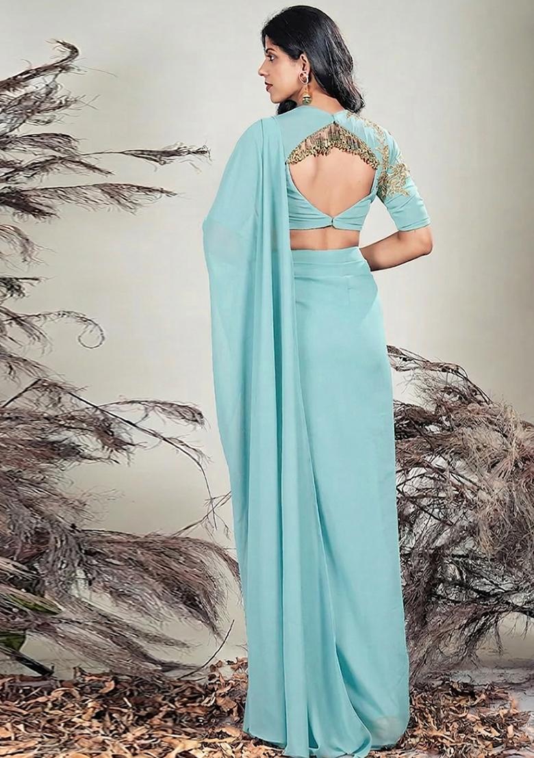 Light Blue Hand Work Embroidered Chinon Pre Draped Saree Set - Indya