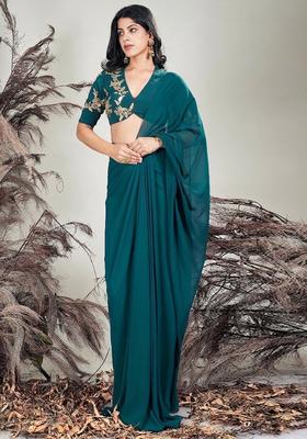 Deep Blue Hand Work Embroidered Chinon Pre Draped Saree Set