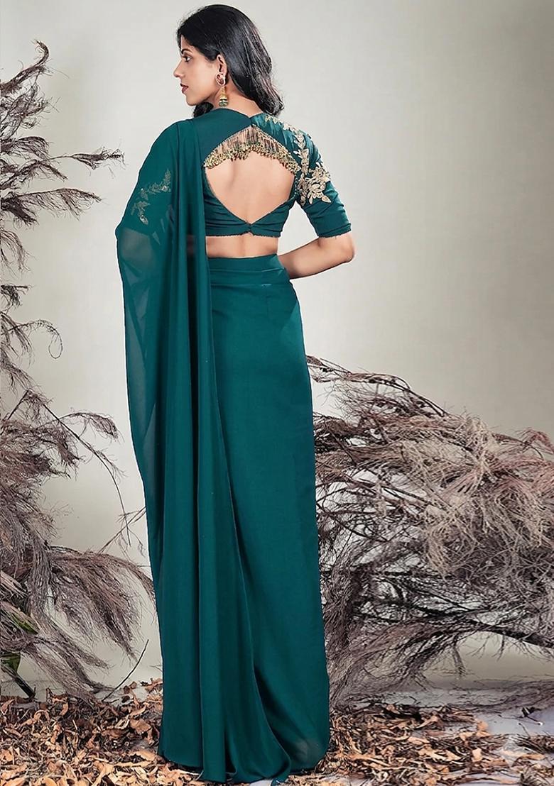 Deep Blue Hand Work Embroidered Chinon Pre Draped Saree Set - Indya