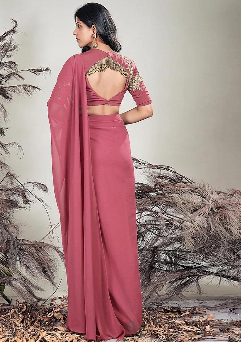 Soft Pink Hand Work Embroidered Chinon Pre Draped Saree Set - Indya