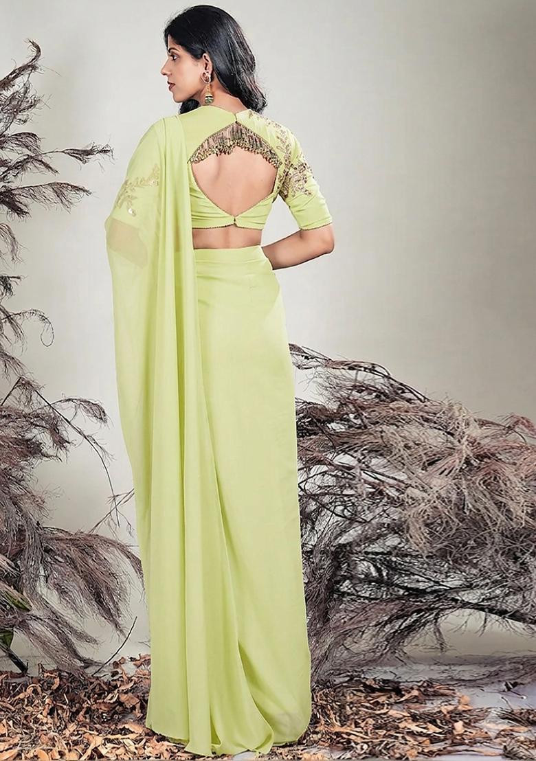 Lime Green Hand Work Embroidered Chinon Pre Draped Saree Set - Indya